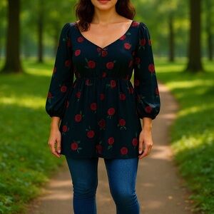 🌹✨ Torrid 3X Black Chiffon Blouse w/ Red Roses, green stems & Gold Thread ✨🌹